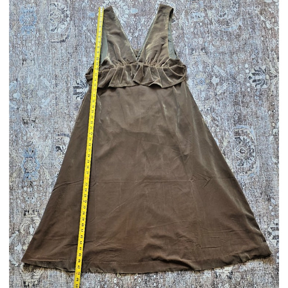 VTG Green Brown Velvet Deep V-Neck Ruffle Lined Pockets WhimsyGoth Fairy Dress - Picture 9 of 9